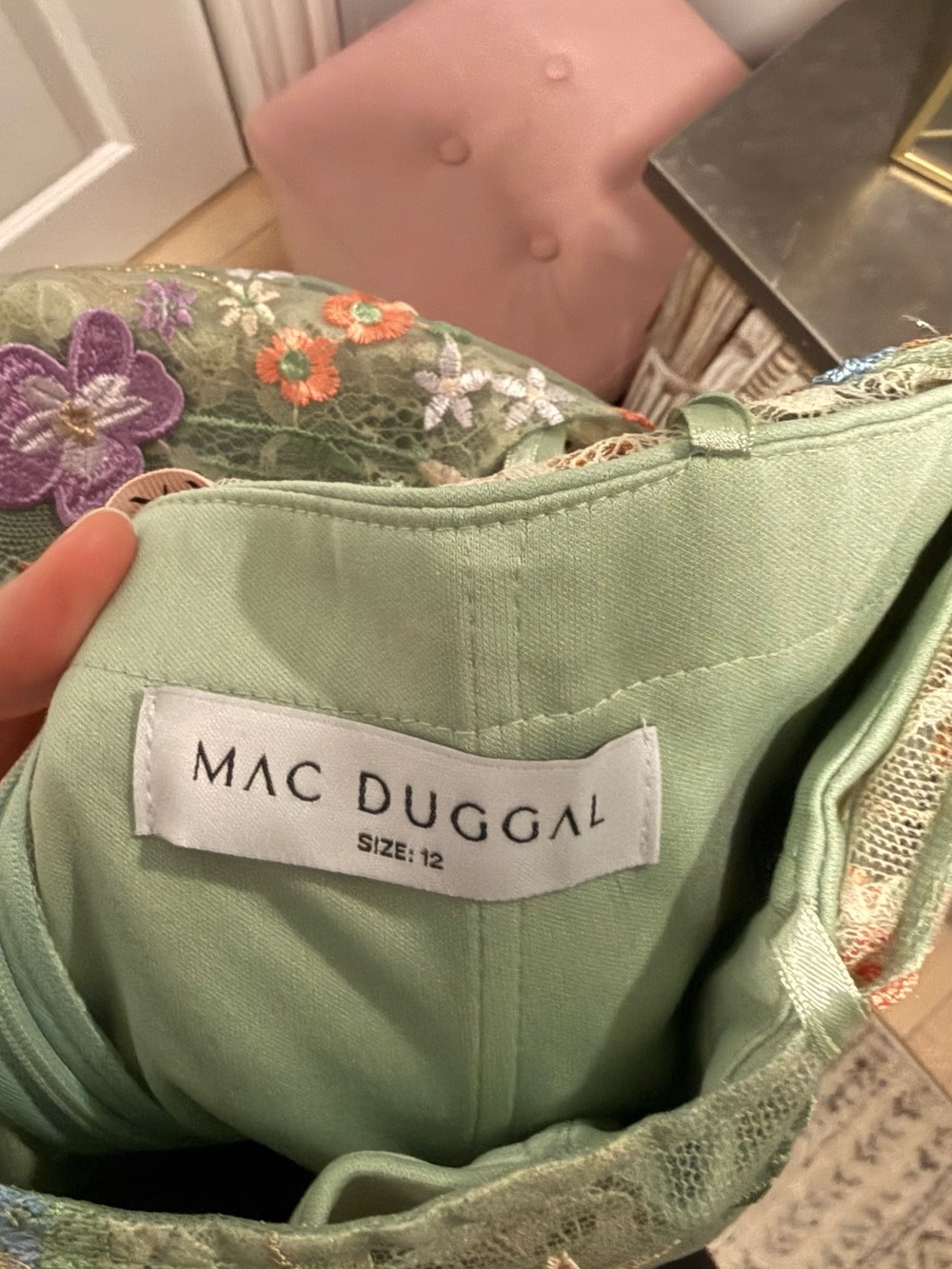 Mac Duggal Sage Green One-Shoulder Floral Embroidered Gown - Picture 5 of 5